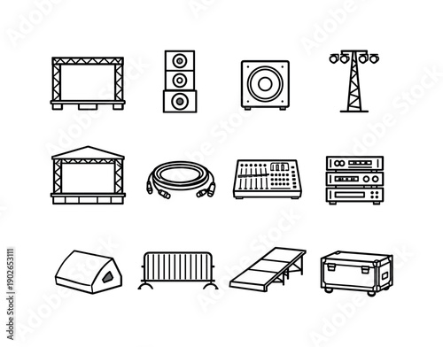 Concert Stage Setup. Line icon set of Concert Stage Setup: stage truss system, speaker stack, subwoofer, lighting tower, stage roof, cable