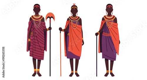 Vector set collections of Kenyan women wearing Maasai dress with bead necklaces and staff, highlighting African tribal heritage, cultural identity, and ceremonial tradition