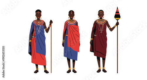 Vector set collections of Kenyan women wearing Maasai dress with bead necklaces and staff, highlighting African tribal heritage, cultural identity, and ceremonial tradition
