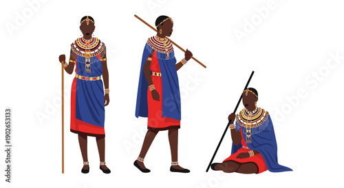 Vector set collections of Kenyan women wearing Maasai dress with bead necklaces and staff, highlighting African tribal heritage, cultural identity, and ceremonial tradition