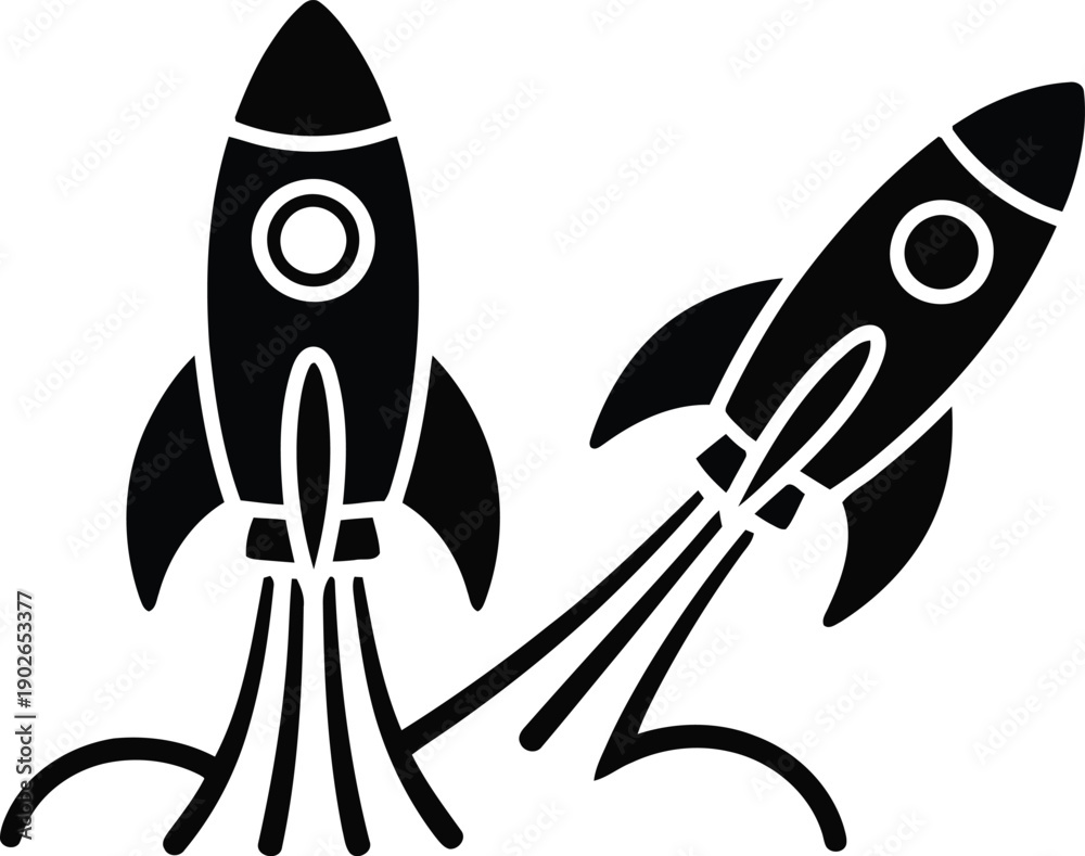 Fototapeta premium Two black silhouette rockets launching upwards and at an angle signifying progress and ambition
