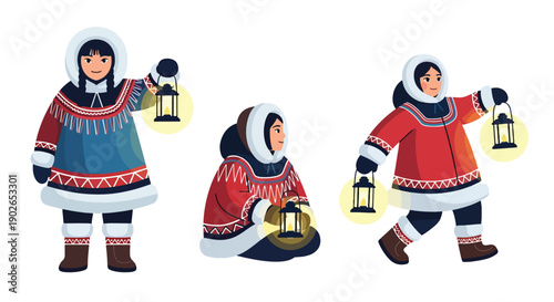 Vector set collections of Inuit women wearing fur-trimmed parka and lantern, showing Arctic survival culture, northern heritage, and traditional lifestyle