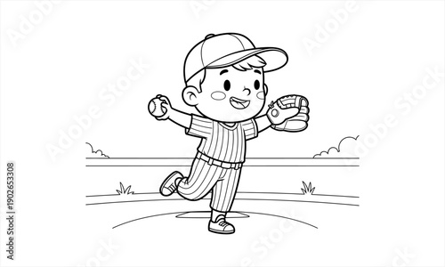 Happy Young Boy Playing Baseball in a Striped Uniform and Cap.
