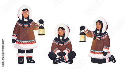 Vector set collections of Inuit women wearing fur-trimmed parka and lantern, showing Arctic survival culture, northern heritage, and traditional lifestyle