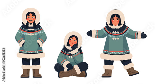 Vector set collections of Inuit women wearing fur-trimmed parka and lantern, showing Arctic survival culture, northern heritage, and traditional lifestyle