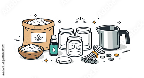 Candle Craft Supplies. Candle making supplies. Wax flakes, glass jars, wicks, and a small pouring pot arranged neatly, showing calm handmade craft and cozy