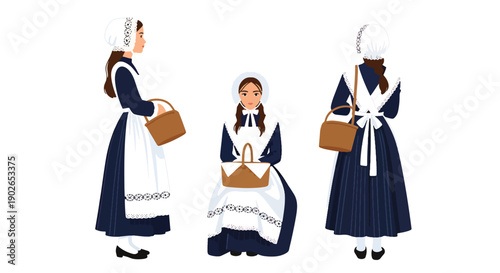 Vector set collections of French women wearing Breton dress and lace bonnet, highlighting regional heritage, coastal culture, and European folk tradition