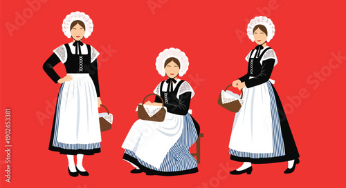 Vector set collections of French women wearing Breton dress and lace bonnet, highlighting regional heritage, coastal culture, and European folk tradition