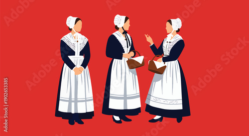 Vector set collections of French women wearing Breton dress and lace bonnet, highlighting regional heritage, coastal culture, and European folk tradition