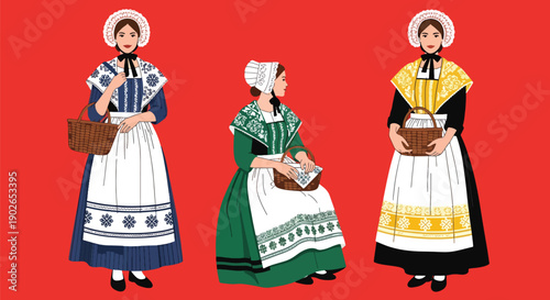 Vector set collections of French women wearing Breton dress and lace bonnet, highlighting regional heritage, coastal culture, and European folk tradition
