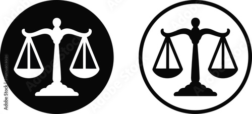Two circular emblems featuring traditional balanced scales representing law and equity