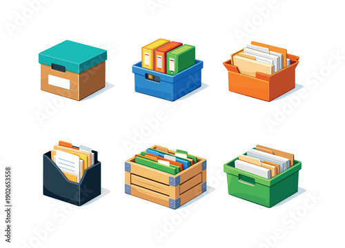 Office archive. Isometric flat vector icons set of office archive: office archive box, file storage box, paperwork box, document container,