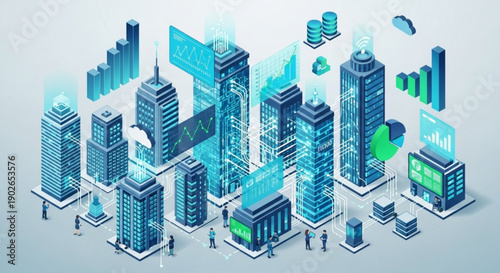 Modern cityscape with people interacting in a futuristic business environment