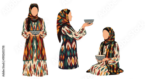 Vector set collections of Uzbek women wearing atlas silk dress with headscarf, showing Central Asian heritage and artisan culture