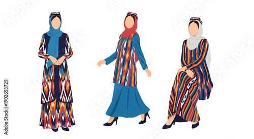 Vector set collections of Uzbek women wearing atlas silk dress with headscarf, showing Central Asian heritage and artisan culture