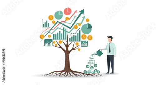 Businessman nurturing money tree with financial growth charts