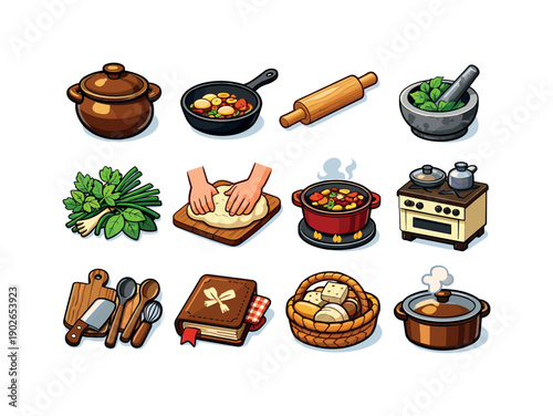 Traditional cooking. Colorful isometric vector icons set of traditional cooking: clay pot, cast iron pan, rolling pin, mortar and pestle,