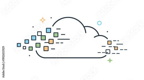 Digital decay in cloud systems. Abstract cloud icon with data packets slowly detaching or fading away, motion lines indicating silent loss.