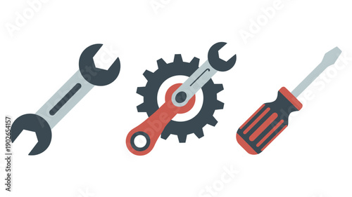 Tools and machinery parts in flat design with bold colors and clean lines on white background for industrial