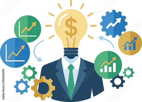 Business Idea Visualized: An illustration of a figure whose head is a glowing lightbulb with a dollar sign. Surrounded by gears and charts, this symbolizes financial concepts, and creative thinking. 