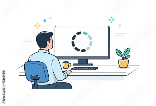 Endless Loading Screen. Endless progress indicator at work. An employee watching a circular loading icon repeat on a screen, posture neutral and patient. The
