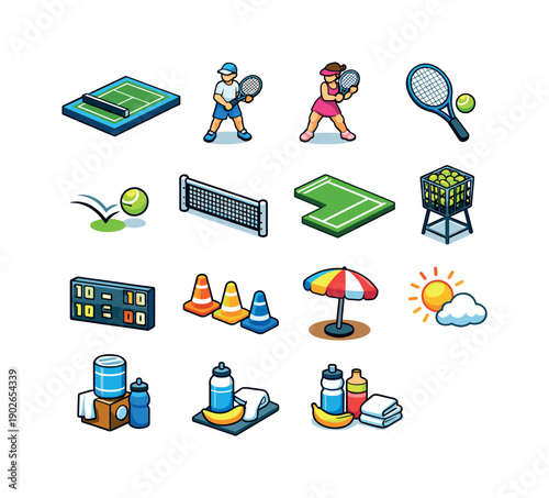 Isometric Tennis Icons. Tennis Court Scene. Colorful isometric vector icons set of Tennis Court Scene: outdoor tennis court, player figures, tennis rackets,