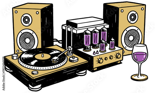 Vintage Hi-Fi Stereo Setup: Turntable, Tube Amp, and Speakers with Wine Glass. Hand-drawn vinyl music vector illustration.