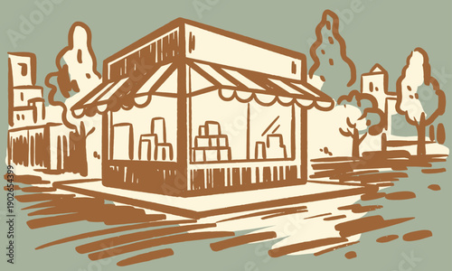 Retro kiosk illustration in vintage woodcut style. Street shop with striped awning, small business design, drawing, poster art, booth, market stall.