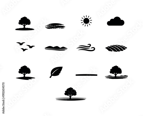 Lone Tree Icons. Lone Tree in Field. Solid icon set of Lone Tree in Field: single tree, open field, grassy ground, sun in sky, cloud above, birds flying,