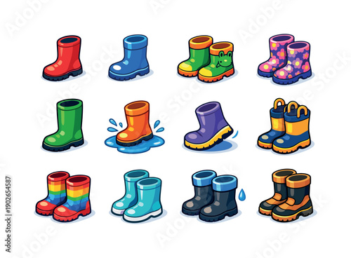 Rain boots. Colorful isometric vector icons set of Rain boots: rubber rain boot, glossy waterproof boot, kids rain boot, patterned rain boot,
