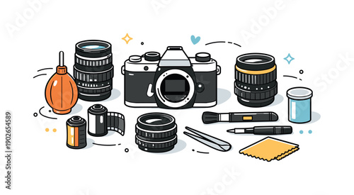 Vintage Camera Accessories. Retro photo accessories scene. Vintage lenses and tools placed casually but neatly around a camera body, soft light reflections and