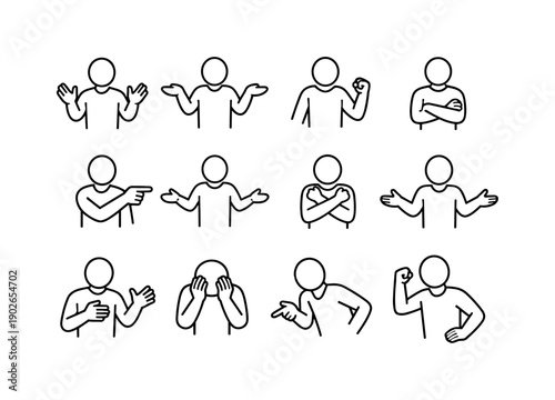 Expressive Gesture Icons. Expressive character gestures. Line icon set of Expressive character gestures: talking hands, shrug gesture, clenched fist, relaxed