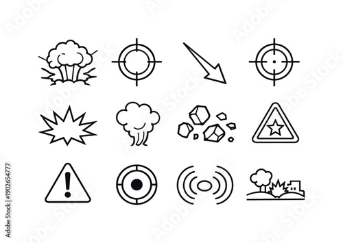 Combat Strike Symbols. Line icon set of Combat Strike Symbols: explosion icon, blast radius ring, strike arrow, target crosshair, impact