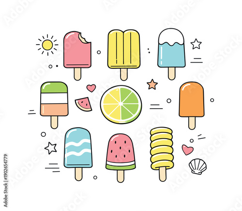 Pastel Popsicle Paradise. Colorful popsicle flat lay. Popsicles arranged neatly with gentle contrast between pastel summer colors. Playful,