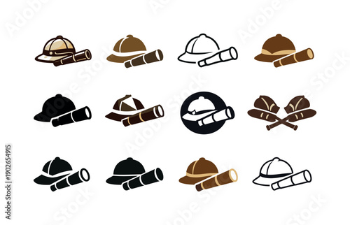 Explorer Icons Set. The Age of Exploration and famous explorers. Icon set. Set Logo of The Age of Exploration and famous explorers: explorer hat and telescope.