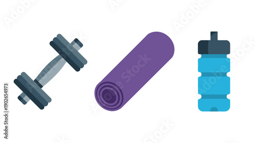 Fitness Essentials with Dumbbell, Yoga Mat, and Water Bottle in Minimalist Style with Bright Lighting on White Background for Health and Wellness