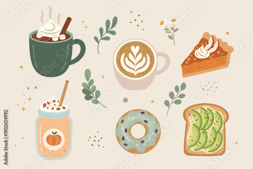 Cozy autumn breakfast vector set with avocado toast, coffee latte, pumpkin smoothie, donut and pumpkin pie. Hygge food collection for cafe and bakery design.