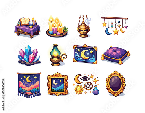 Mystic decor. Colorful isometric vector icons set of mystic decor: altar table, glowing candles, incense burner, hanging stars, moon garland,