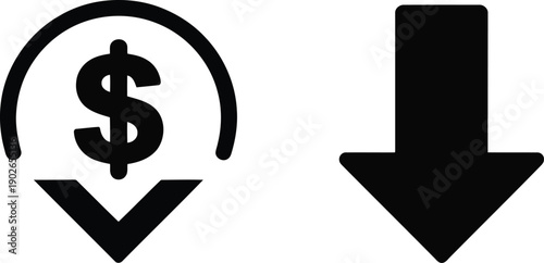 Two icons featuring a dollar sign with a downward arrow and a large standalone downward arrow