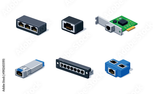 LAN hardware. Isometric flat vector icons set of LAN hardware: Ethernet switch port, router Ethernet port, network interface card, RJ45 SFP