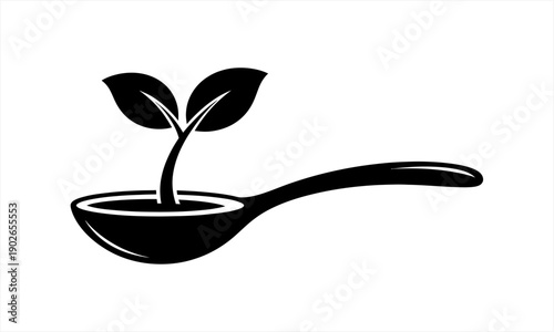 Minimalist black and white illustration of a plant sprout growing from a spoon.