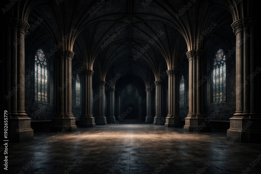 Fototapeta premium Gothic cathedral hall interior with stone columns, vaulted arches and stained glass windows, dark medieval corridor