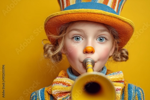 Little girl in clown costume blows a horn against a bright yellow background on Fools Day celebration