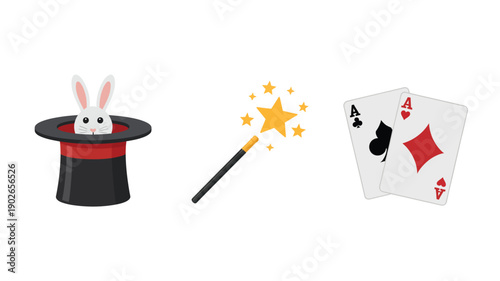 Magic Symbols with Rabbit in Top Hat, Sparkling Magic Wand, and Playing Cards in Whimsical Fantasy Style with Bright White Lighting on Isolated White Background for Entertainment and Magic Show