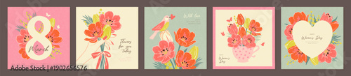 Set of square greeting card designs in grainy vintage style with various floral arrangements for International Women's Day celebration on March 8, vector illustration