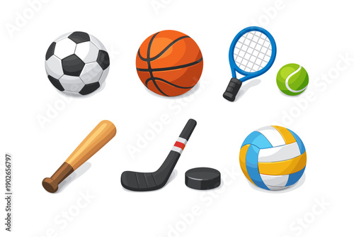 Collection of diverse sports equipment including balls, racquets, and bats on a white background