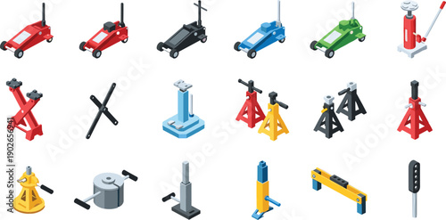 Isometric car lifting and garage equipment set including hydraulic jacks, jack stands and vehicle support tools for automotive repair workshops