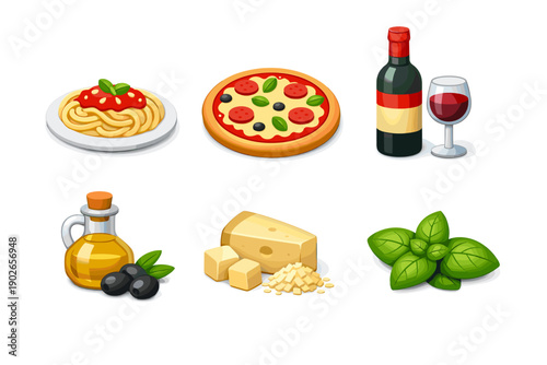 Italian food and ingredients collection: pizza, pasta, wine, cheese, olives, and basil