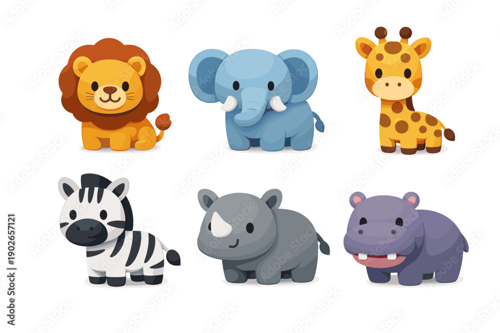Naklejka premium Collection of cute cartoon safari animals including lion, elephant, giraffe, zebra, rhino, and hippo