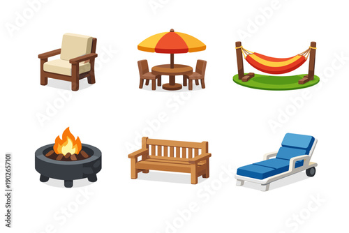 Collection of outdoor furniture and relaxation items for a patio or garden setting